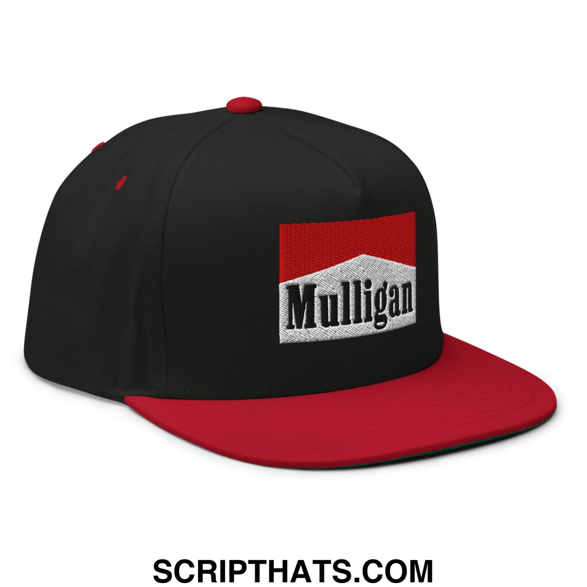 Black and red snapback cap with white embroidered mulligan logo and flat brim bill designed for golf use