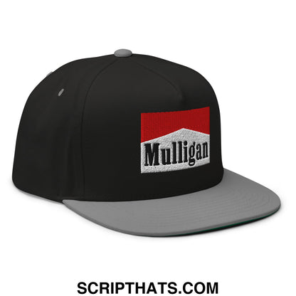 Black snapback cap with gray brim and red and white embroidered mulligan logo flat bill 5 panel golf hat