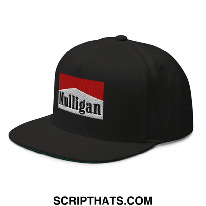 Black mulligan cigarette snapback hat with red and white embroidered logo and flat brim for golf use