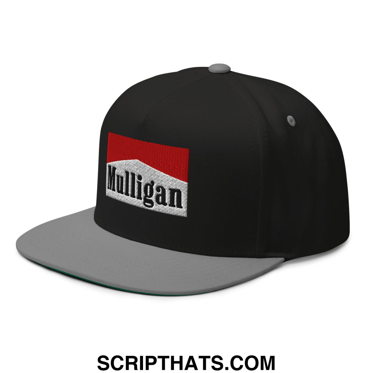 Black snapback golf hat with gray brim and red and white embroidered mulligan logo on front panel