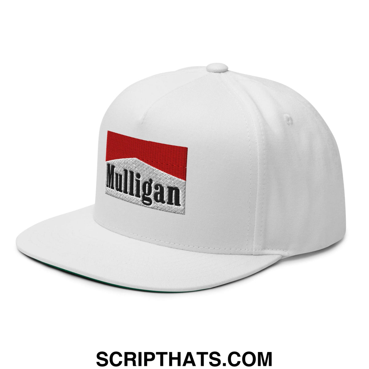 White snapback cap with red and gray mulligan patch featuring flat brim bill for golf and casual wear