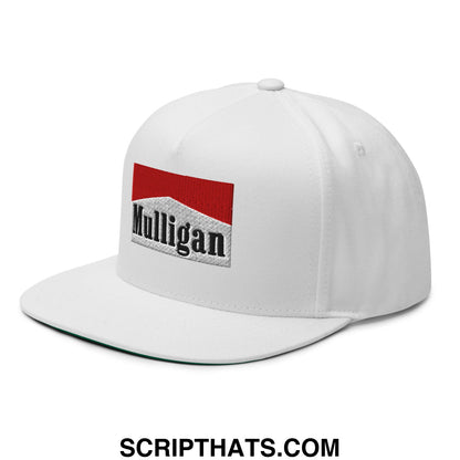 White snapback cap with red and gray mulligan patch featuring flat brim bill for golf and casual wear