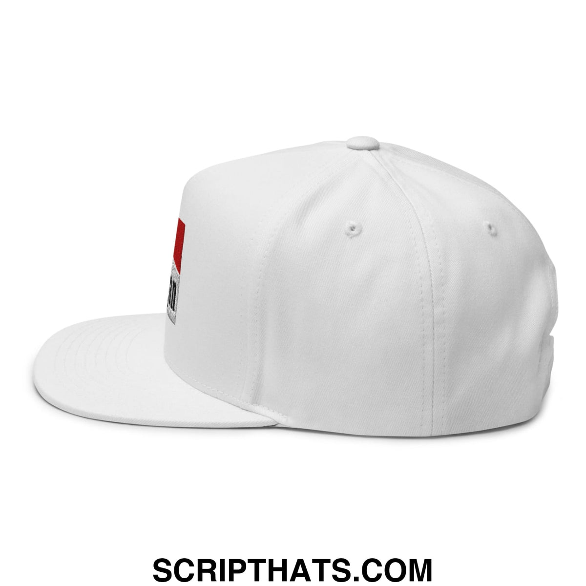 White Mulligan Cigarette red flat brim 5 panel golf snapback hat with red and black logo on the side