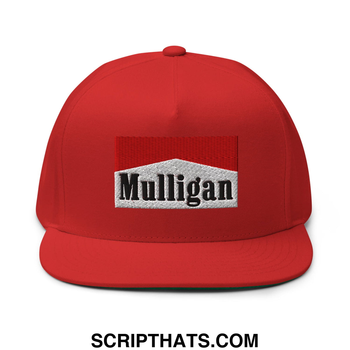 Red snapback cap with embroidered mulligan logo in black on silver textured background for golf use