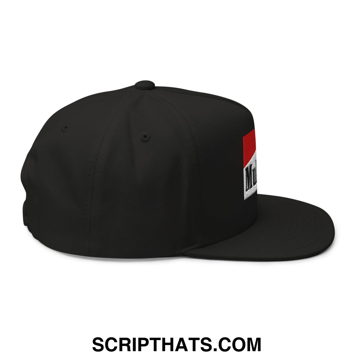 Black mulligan cigarette snapback hat with red and white embroidered logo and flat brim for golf and casual wear