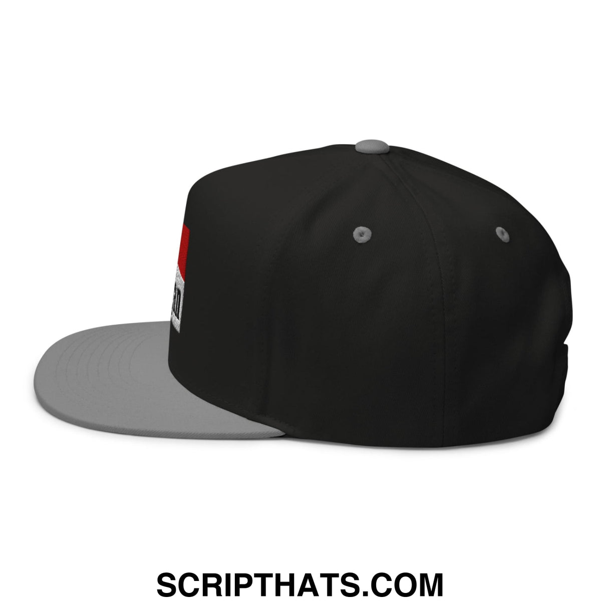 Black snapback cap with gray brim and red white logo side panel mulligan cigarette red flat brim 5 panel golf hat