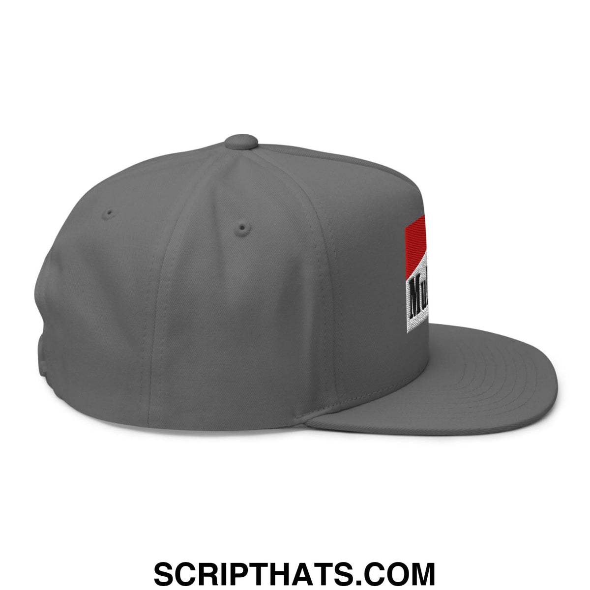 Gray mulligan cigarette red flat brim bill 5 panel golf snapback hat with a red and white logo patch on the side