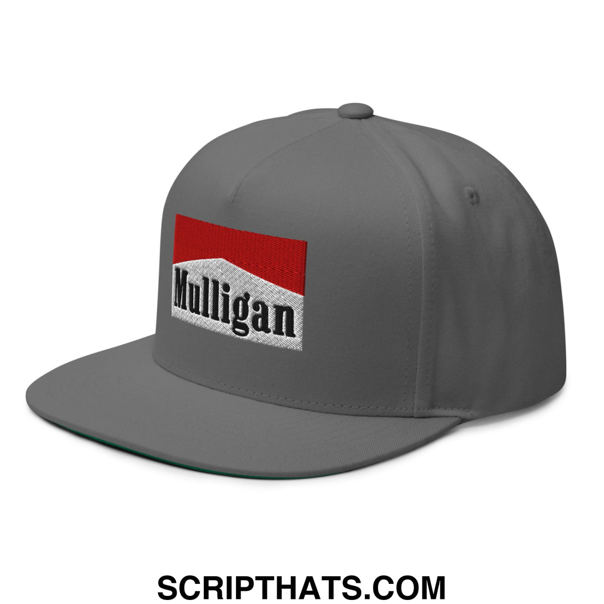 Gray Mulligan cigarette red flat brim 5 panel golf snapback hat with red white embroidered logo and black lettering