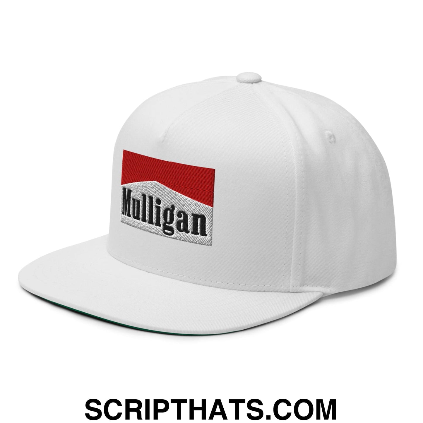 Mulligan Cigarette Red Flat Brim Bill 5 Panel Golf Snapback Hat White