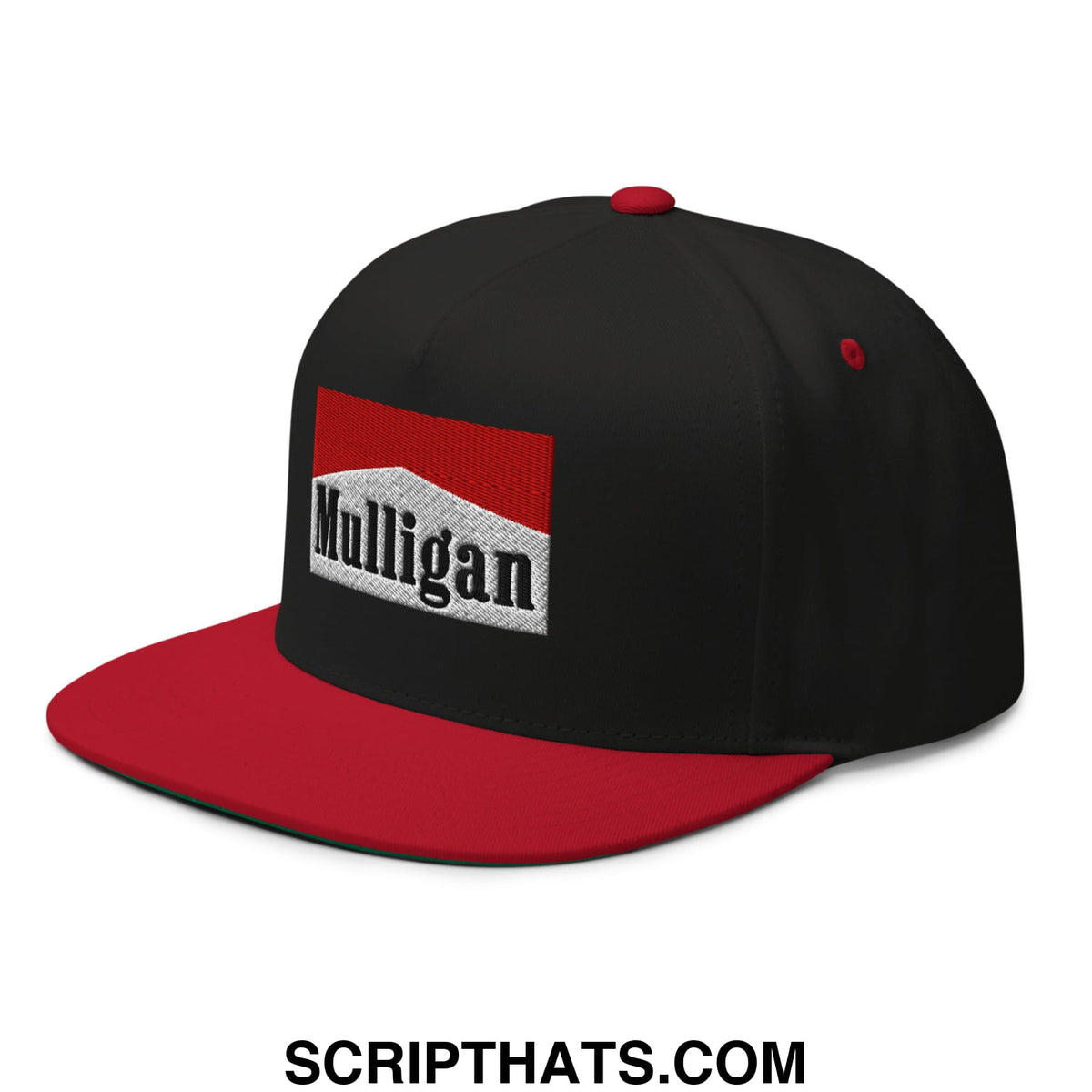 Black and red snapback cap with white embroidered mulligan logo on front flat brim bill 5 panel golf hat