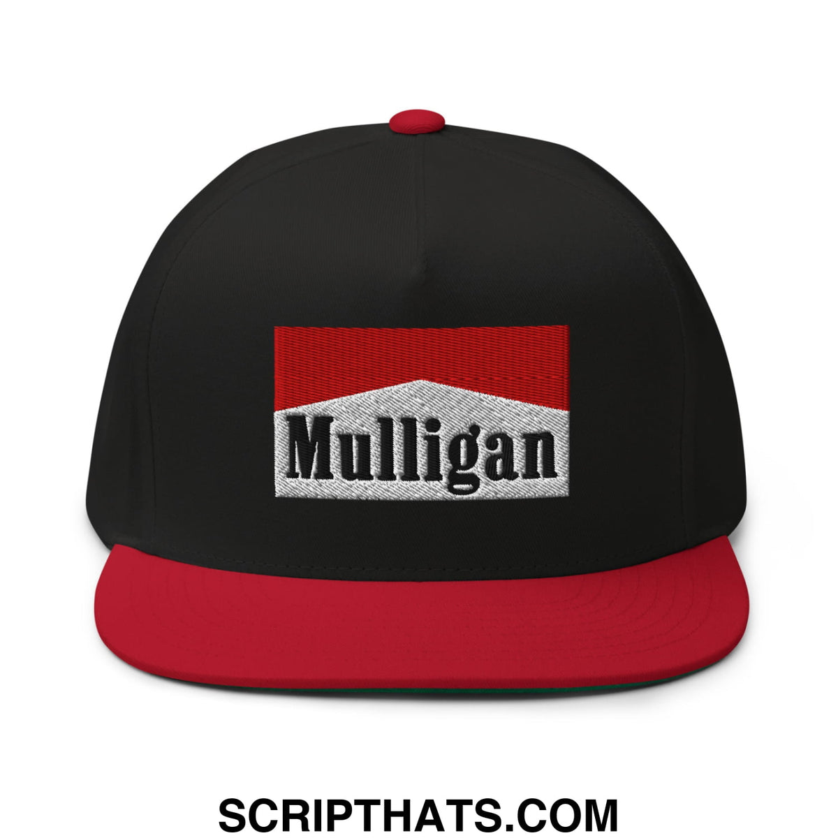 Black and red mulligan cigarette snapback hat with flat brim and embroidered logo on silver textured background