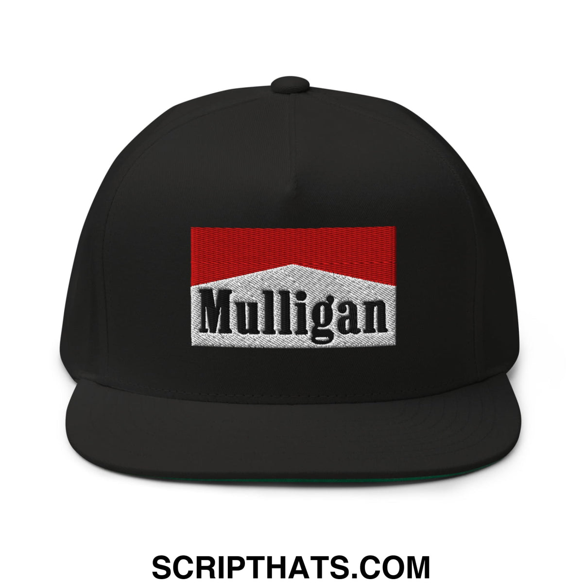 Black snapback cap with embroidered mulligan logo in red and white marlboro cigarette style design