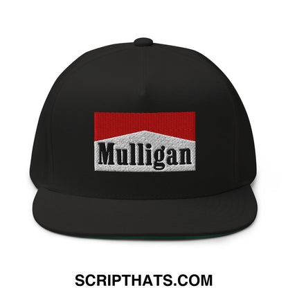 Black snapback cap with embroidered mulligan logo in red and white marlboro cigarette style design