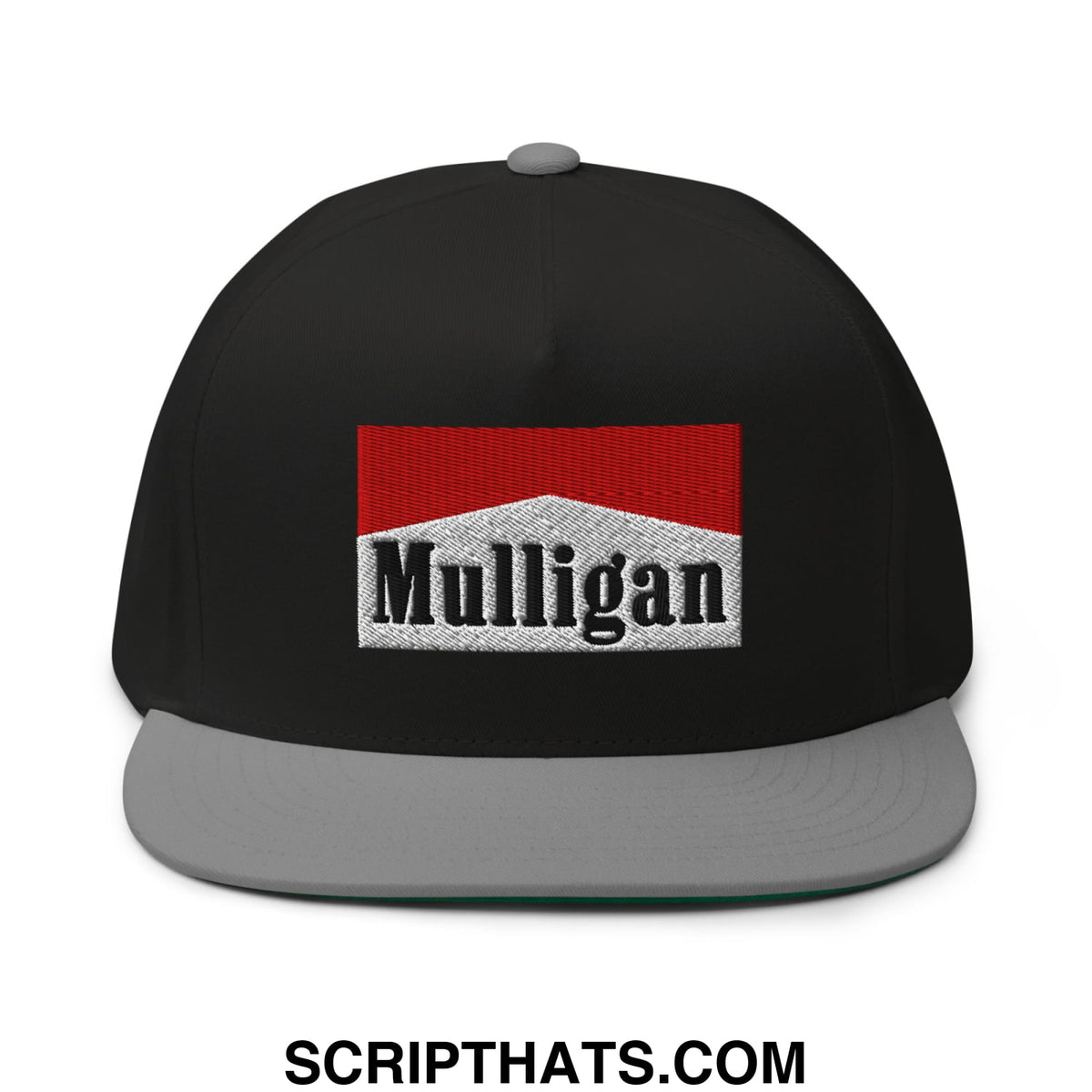 Black snapback golf hat with gray brim and mulligan logo on red and white patch redesigned for stylish outdoor use