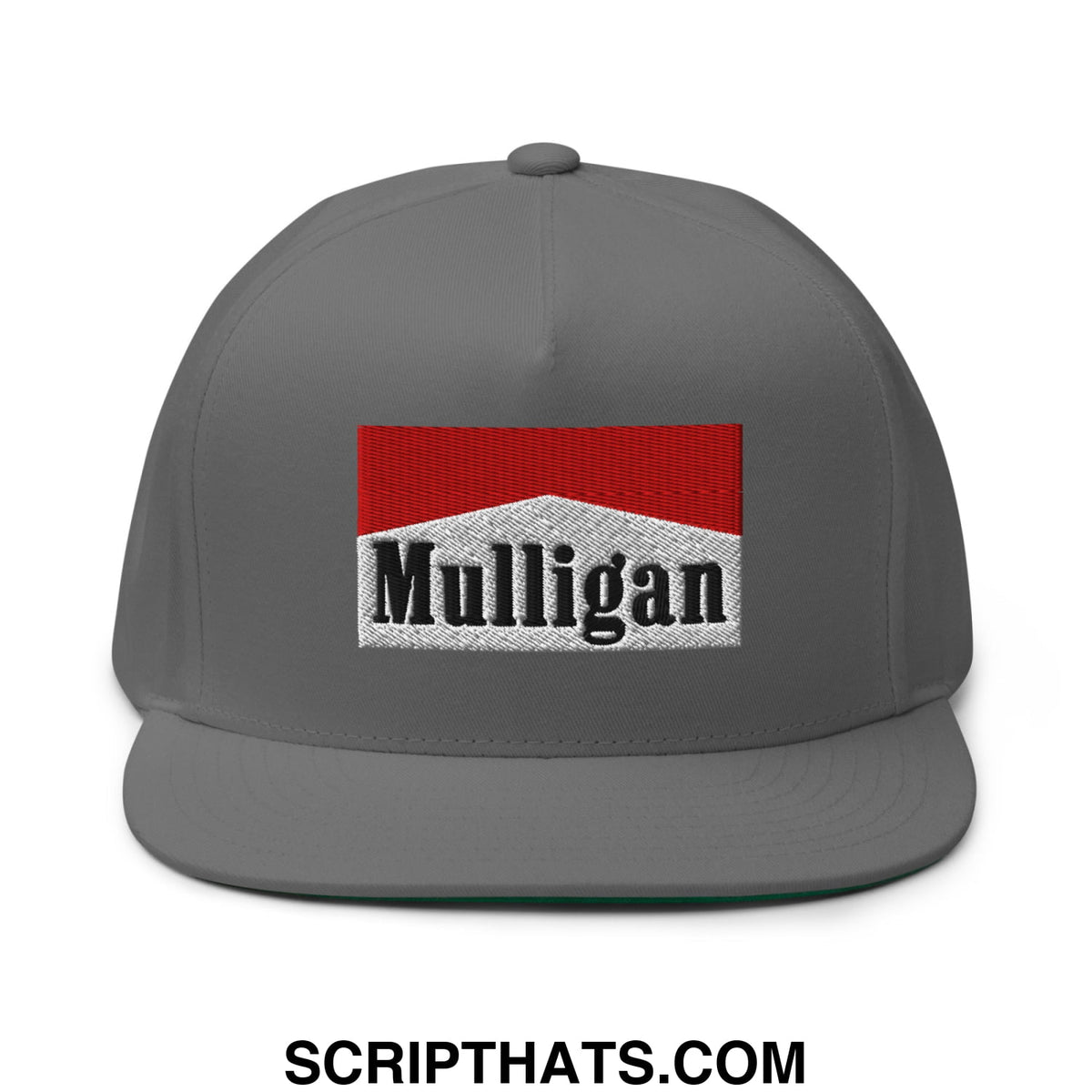 Gray mulligan cigarette red flat brim 5 panel golf snapback hat with embroidered red and white patch