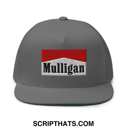 Gray mulligan cigarette red flat brim 5 panel golf snapback hat with embroidered red and white patch