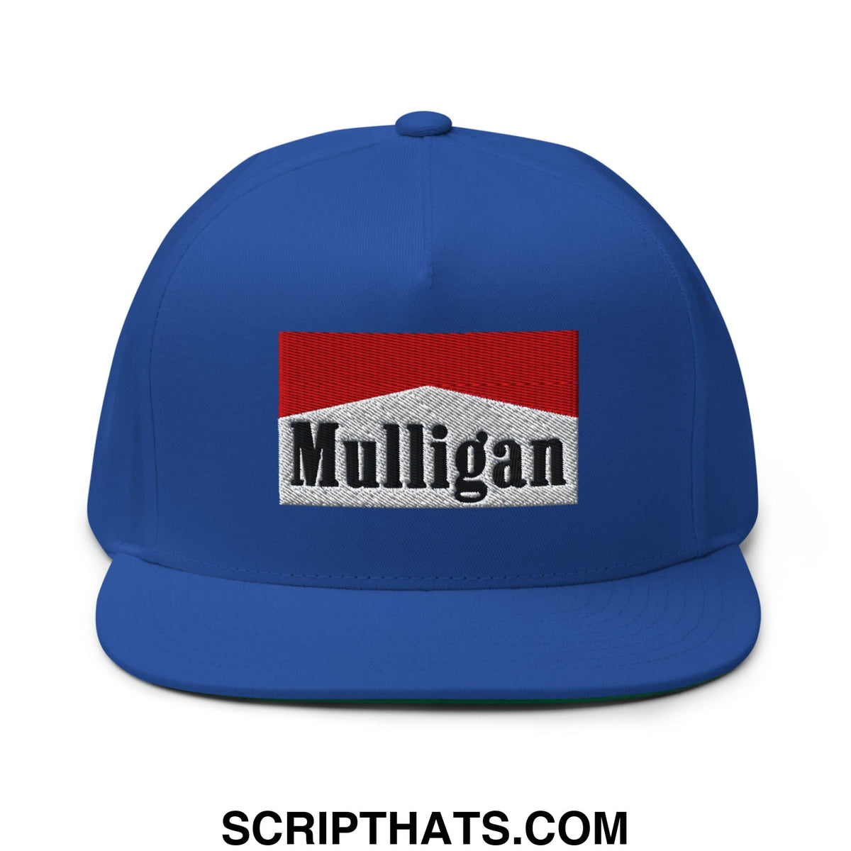 Royal blue Mulligan cigarette golf snapback hat with red and silver embroidered textured logo and flat brim bill