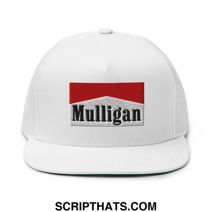 White snapback cap featuring an embroidered mulligan logo with red and silver design and a flat brim bill