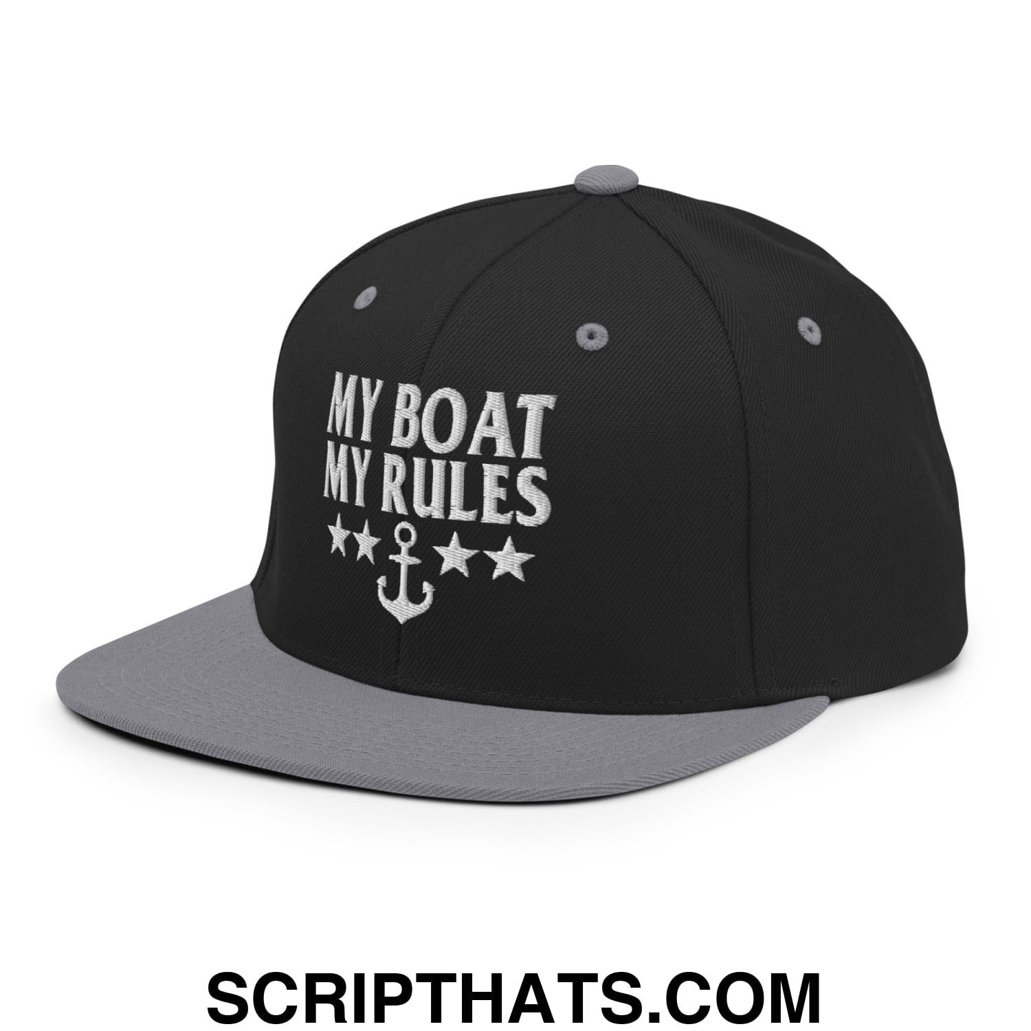 My Boat My Rules Embroidered Flat Bill Brim Snapback Hat Black Silver