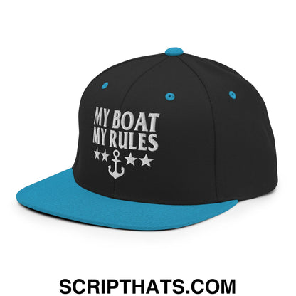 My Boat My Rules Embroidered Flat Bill Brim Snapback Hat Black Teal