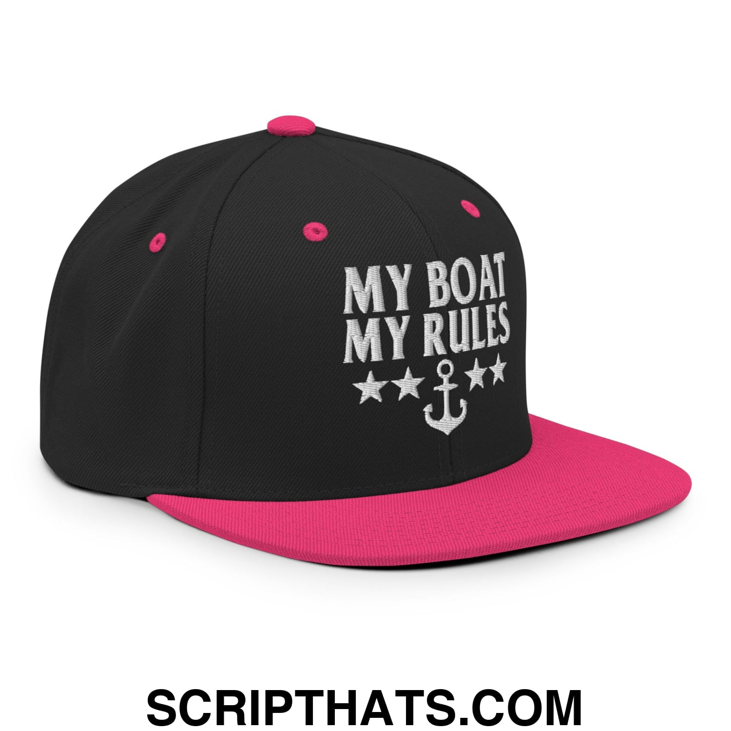 My Boat My Rules Embroidered Flat Bill Brim Snapback Hat Black Neon Pink