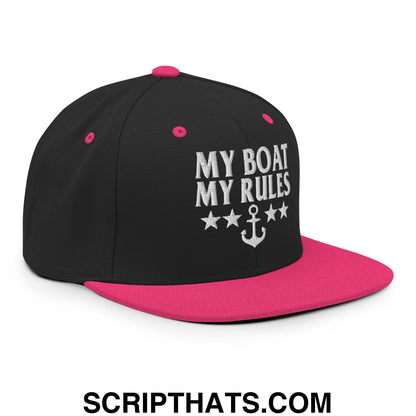 My Boat My Rules Embroidered Flat Bill Brim Snapback Hat Black Neon Pink