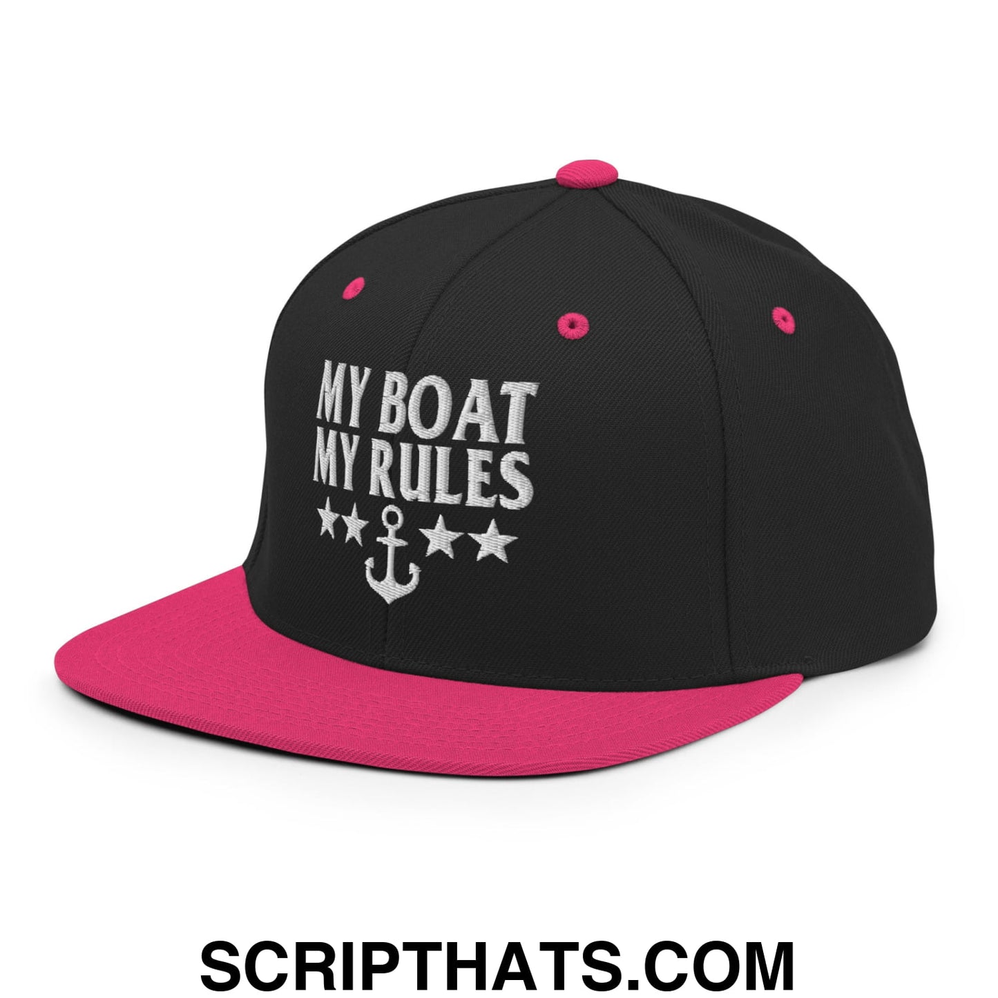 My Boat My Rules Embroidered Flat Bill Brim Snapback Hat Black Neon Pink
