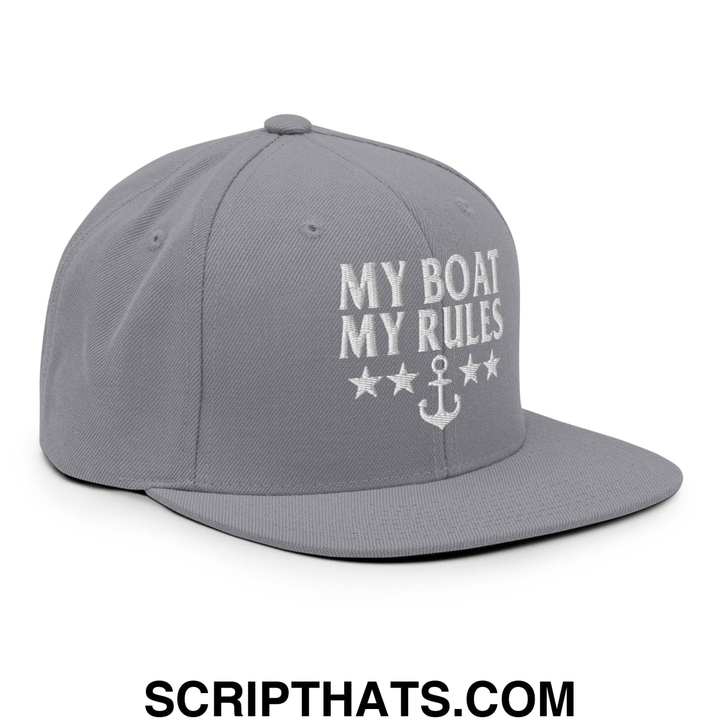 My Boat My Rules Embroidered Flat Bill Brim Snapback Hat Silver