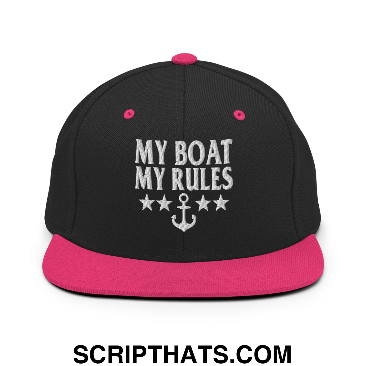 My Boat My Rules Embroidered Flat Bill Brim Snapback Hat Black Neon Pink