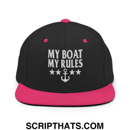 My Boat My Rules Embroidered Flat Bill Brim Snapback Hat Black Neon Pink