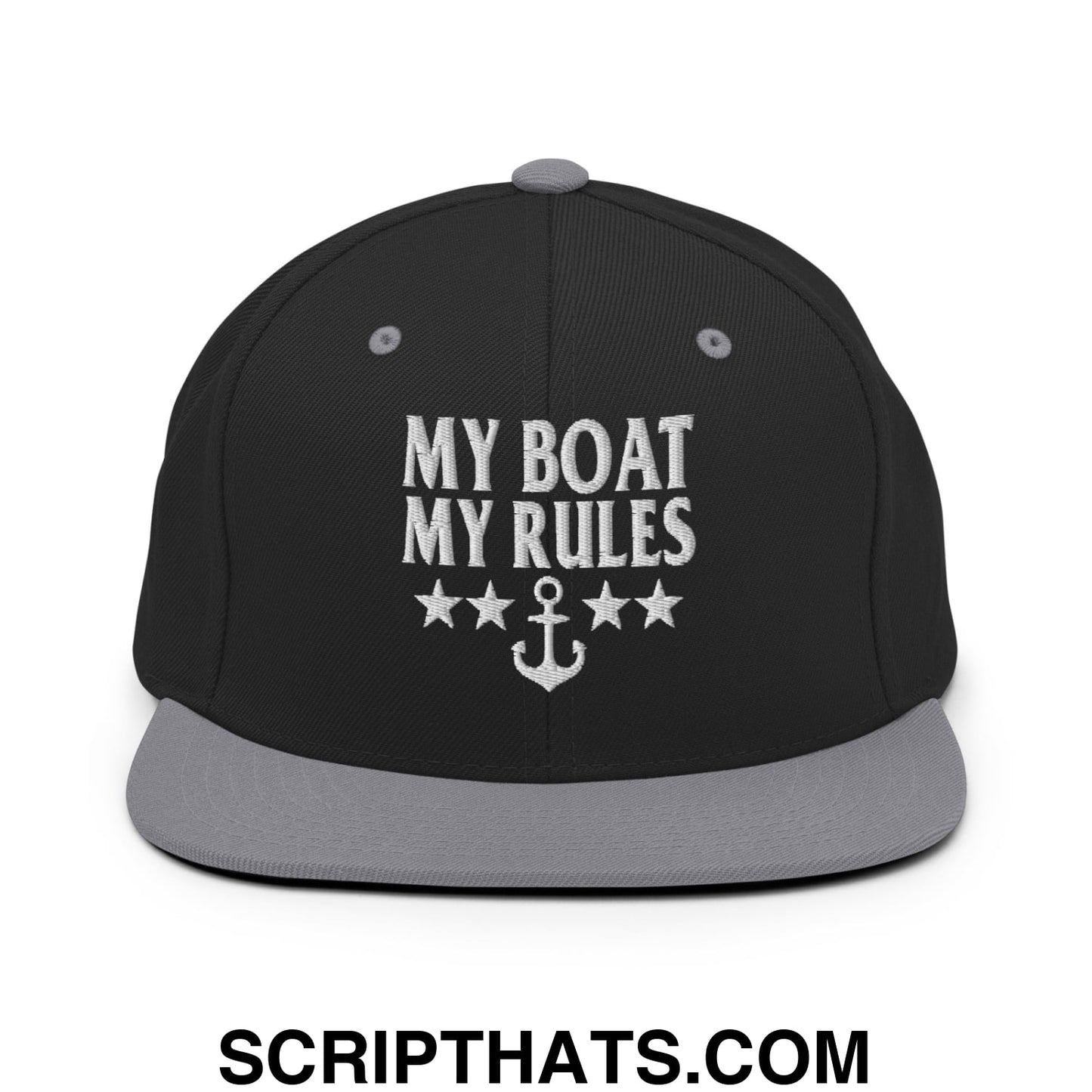 My Boat My Rules Embroidered Flat Bill Brim Snapback Hat Black Silver