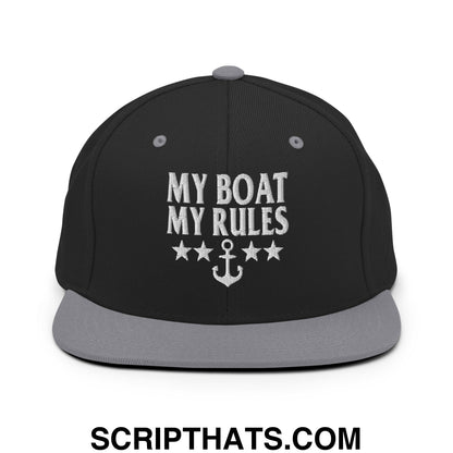 My Boat My Rules Embroidered Flat Bill Brim Snapback Hat Black Silver