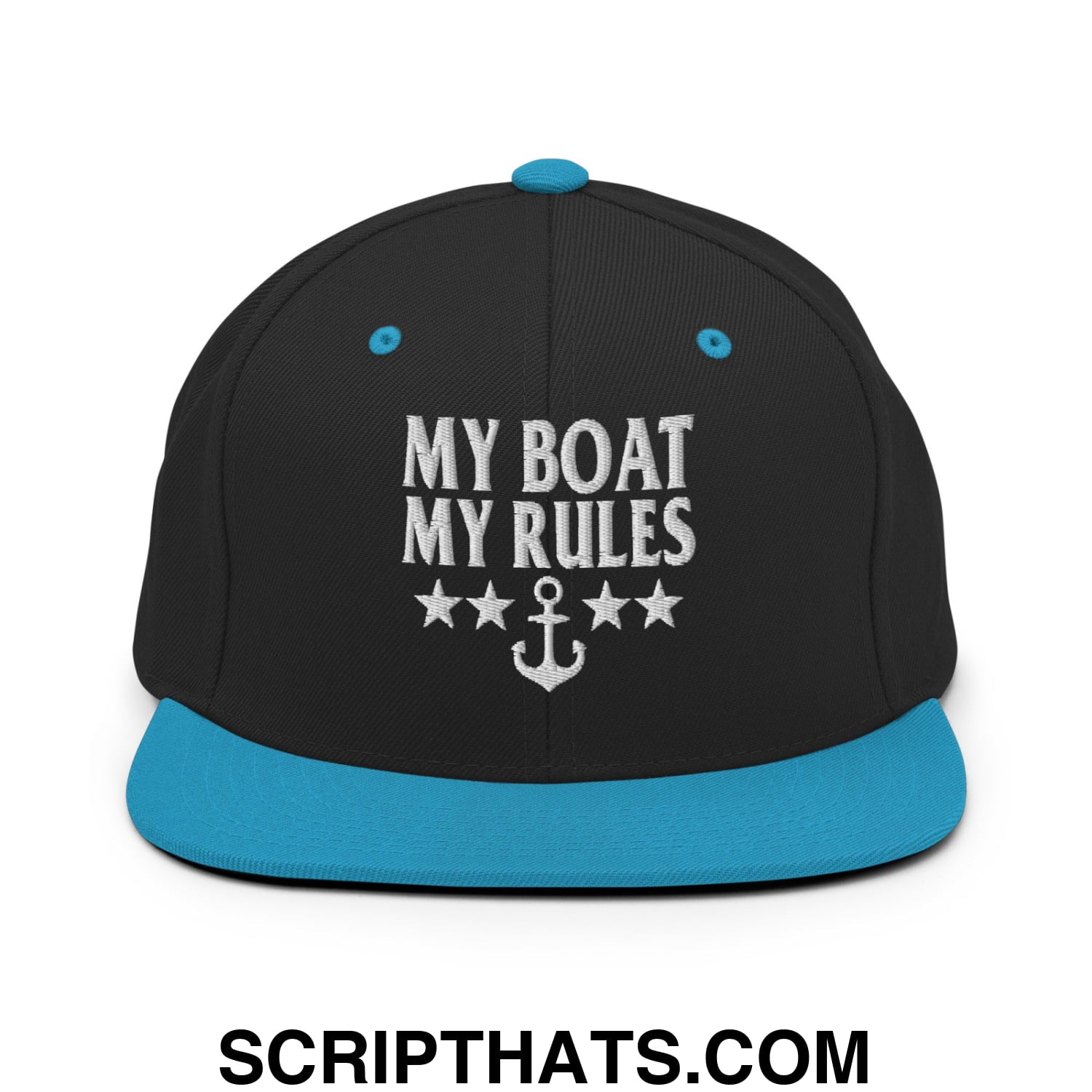 My Boat My Rules Embroidered Flat Bill Brim Snapback Hat Black Teal