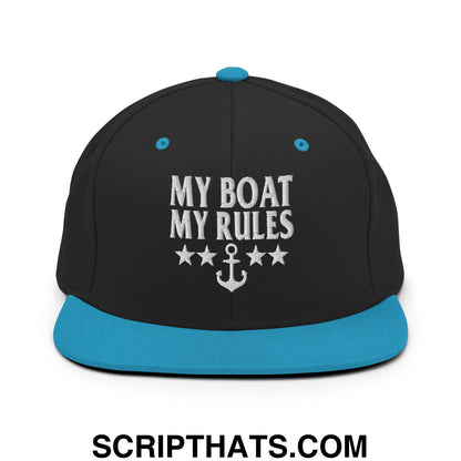 My Boat My Rules Embroidered Flat Bill Brim Snapback Hat Black Teal