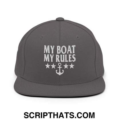 My Boat My Rules Embroidered Flat Bill Brim Snapback Hat Dark Grey