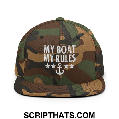 My Boat My Rules Embroidered Flat Bill Brim Snapback Hat Green Camo