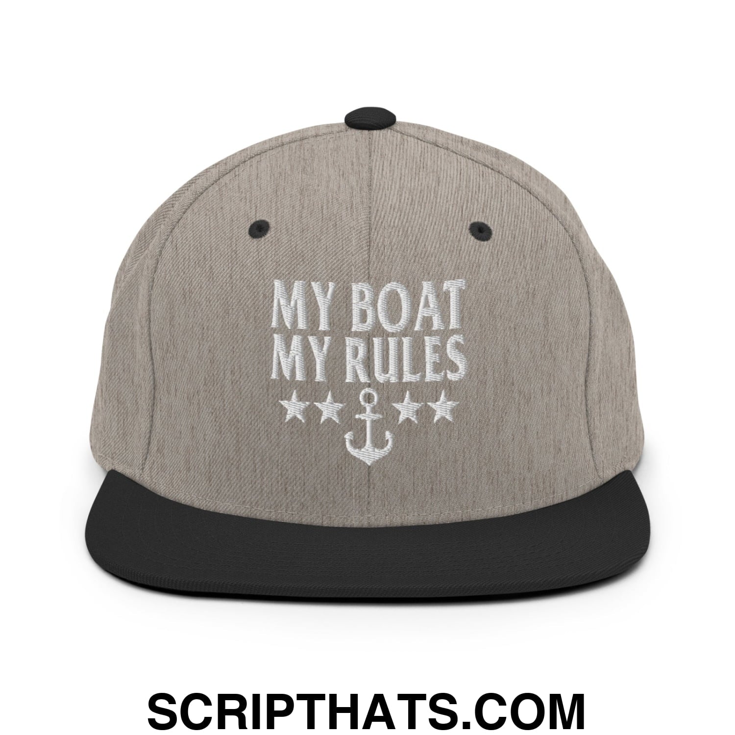 My Boat My Rules Embroidered Flat Bill Brim Snapback Hat Heather Black