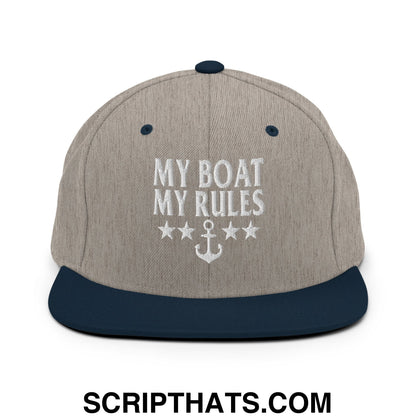 My Boat My Rules Embroidered Flat Bill Brim Snapback Hat Heather Grey Navy