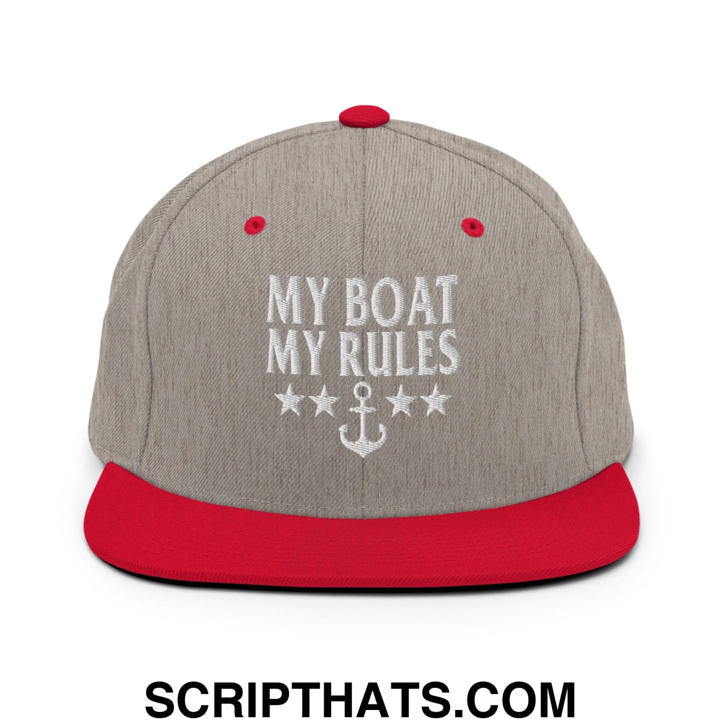 My Boat My Rules Embroidered Flat Bill Brim Snapback Hat Heather Grey Red