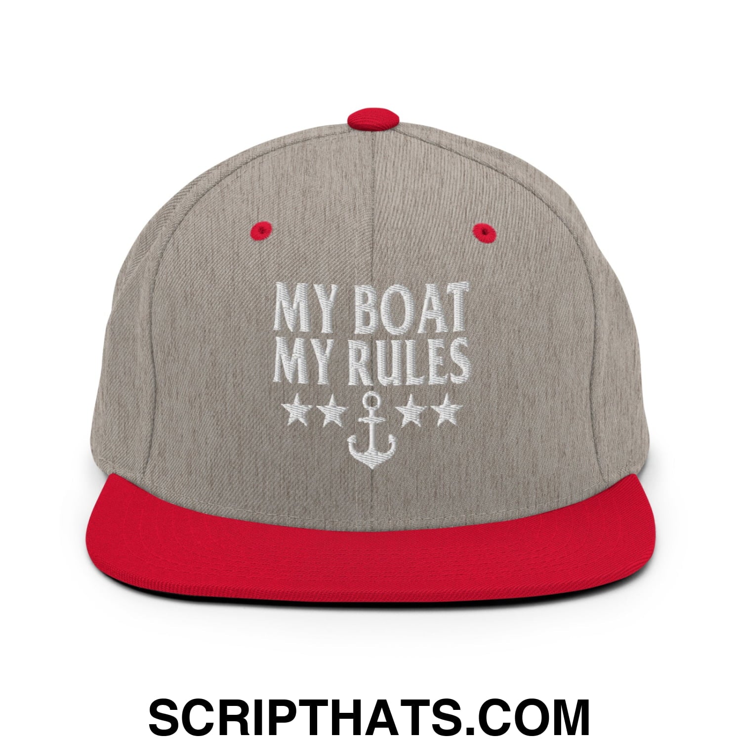 My Boat My Rules Embroidered Flat Bill Brim Snapback Hat Heather Grey Red