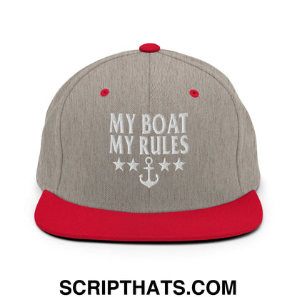 My Boat My Rules Embroidered Flat Bill Brim Snapback Hat Heather Grey Red