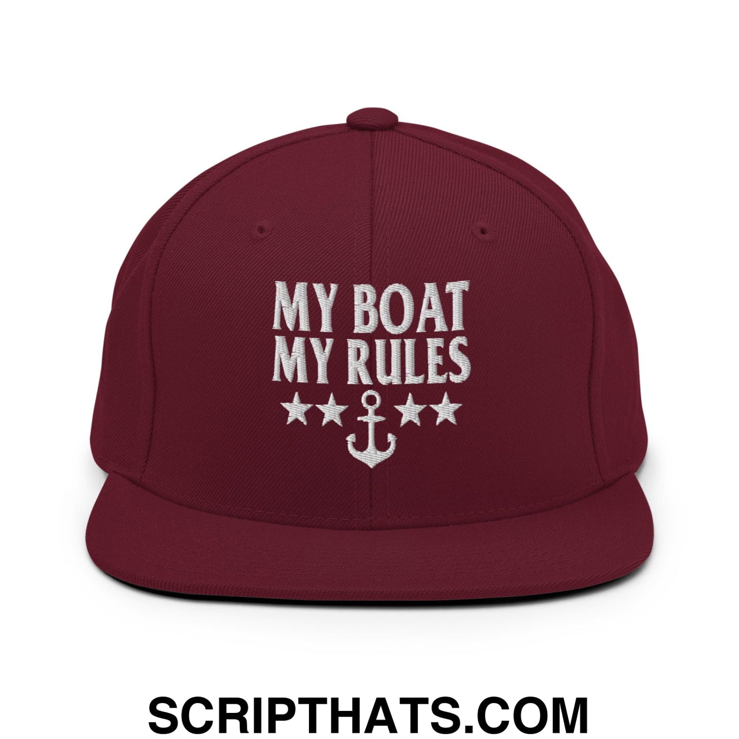 My Boat My Rules Embroidered Flat Bill Brim Snapback Hat Maroon
