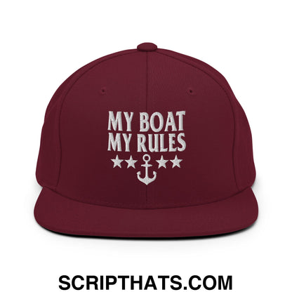 My Boat My Rules Embroidered Flat Bill Brim Snapback Hat Maroon