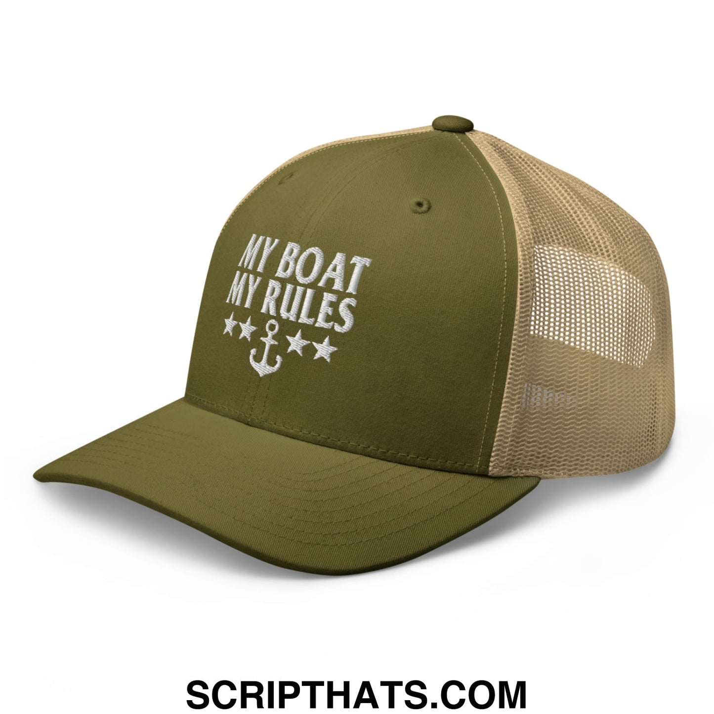 My Boat My Rules Embroidered Mesh Trucker Hat Moss Khaki