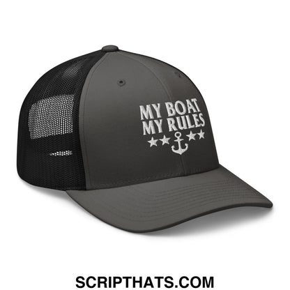 My Boat My Rules Embroidered Mesh Trucker Hat Charcoal Black