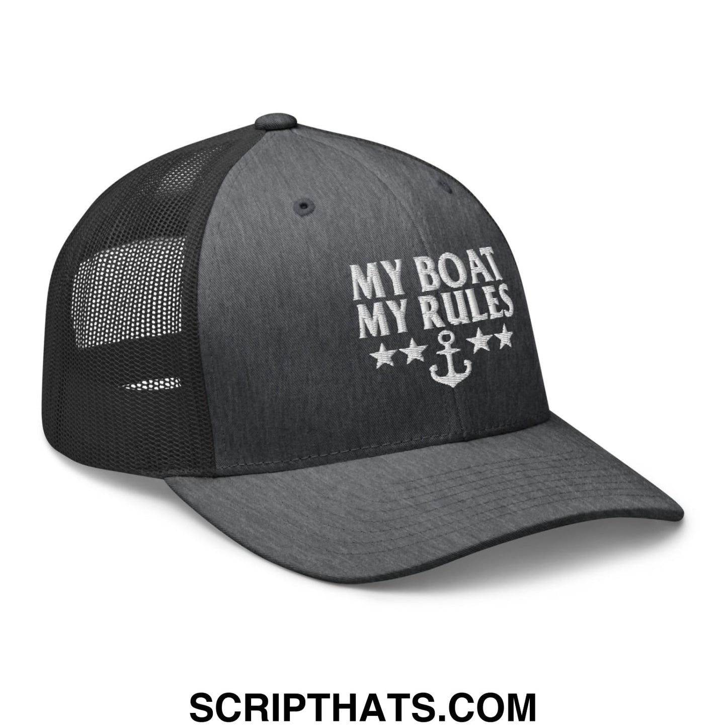 My Boat My Rules Embroidered Mesh Trucker Hat Dark Heather Gray