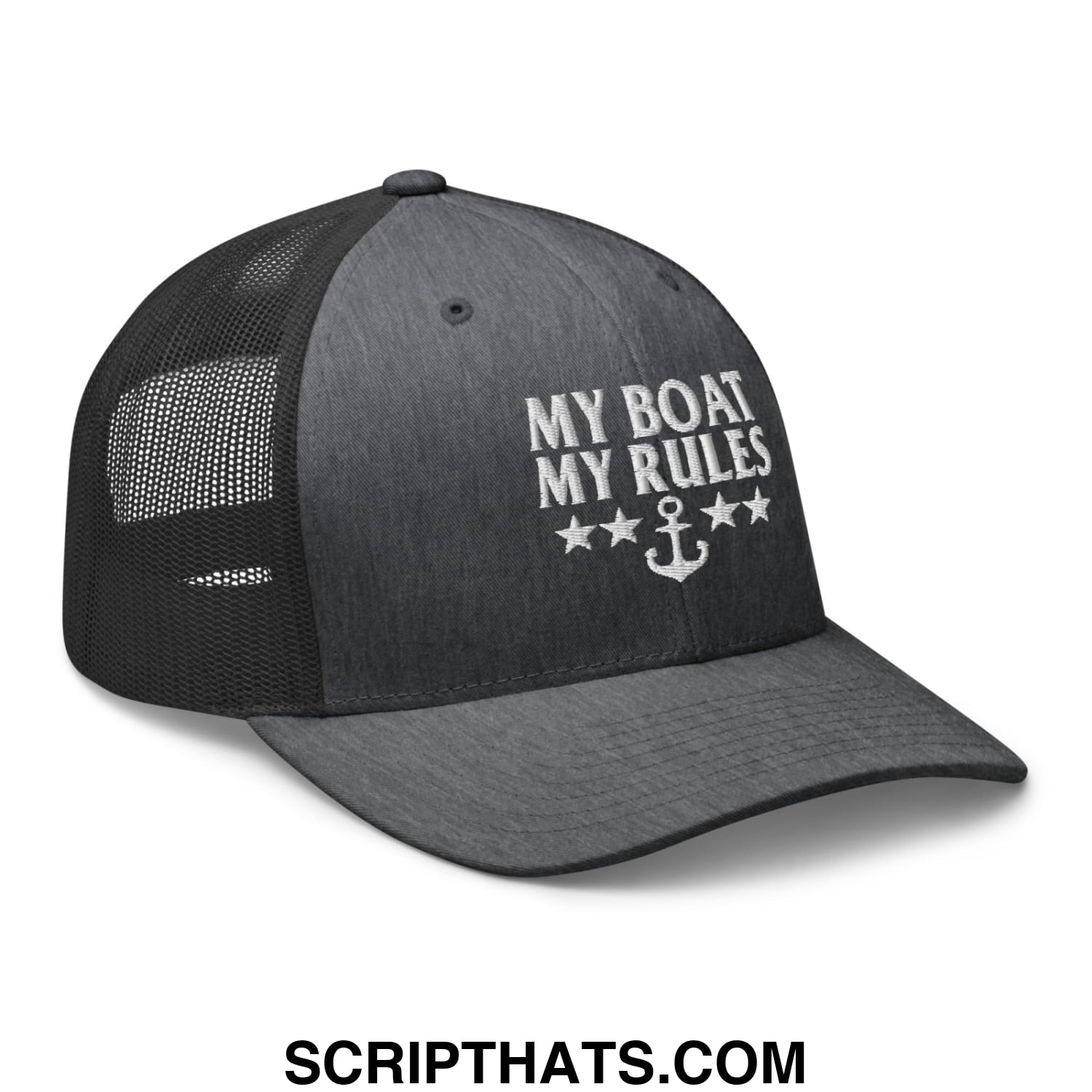 My Boat My Rules Embroidered Mesh Trucker Hat Dark Heather Gray