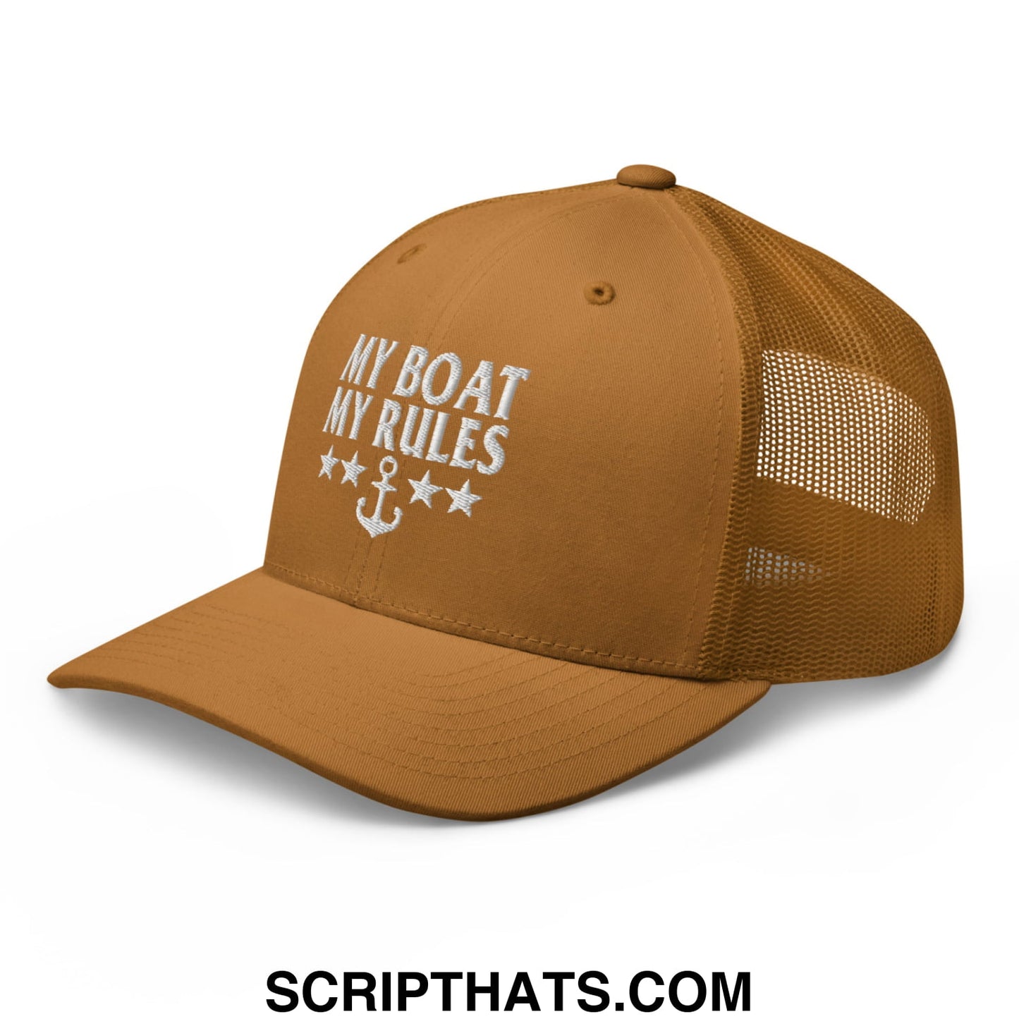 My Boat My Rules Embroidered Mesh Trucker Hat Caramel