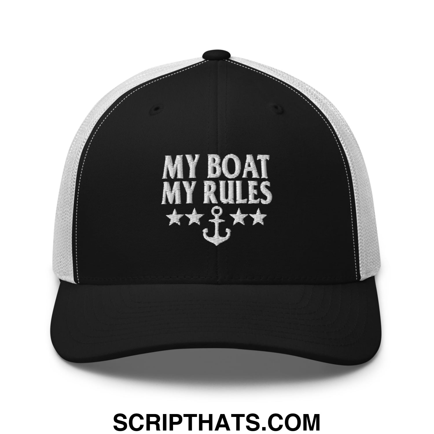 My Boat My Rules Embroidered Mesh Trucker Hat Black White