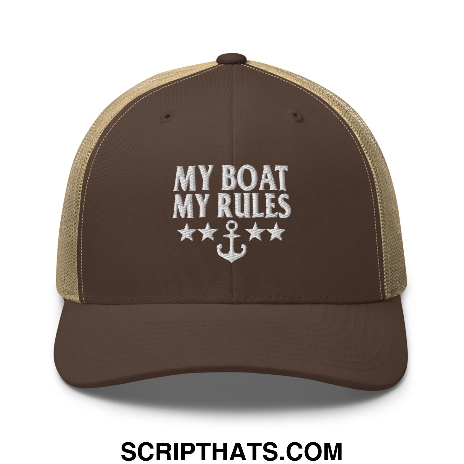 My Boat My Rules Embroidered Mesh Trucker Hat Brown Khaki